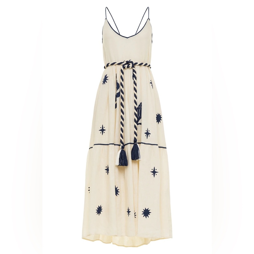 Ivory/Navy Embroidered Maxi Linen Dress w/ Belt